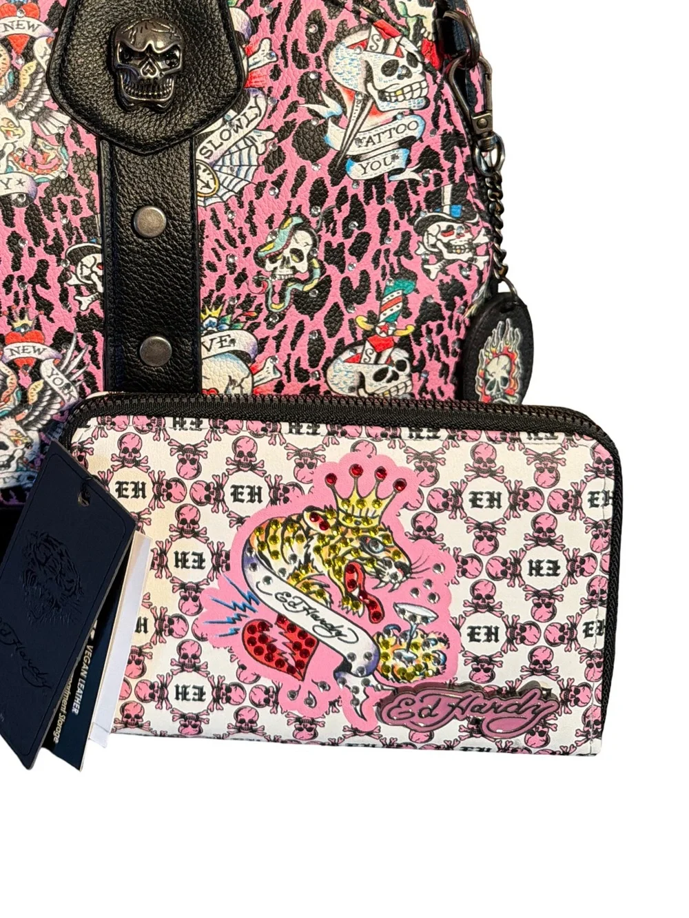 Ed Hardy NWT Pink Leopard Skull Tattoo Mini Backpack & Matching Wallet (P246)